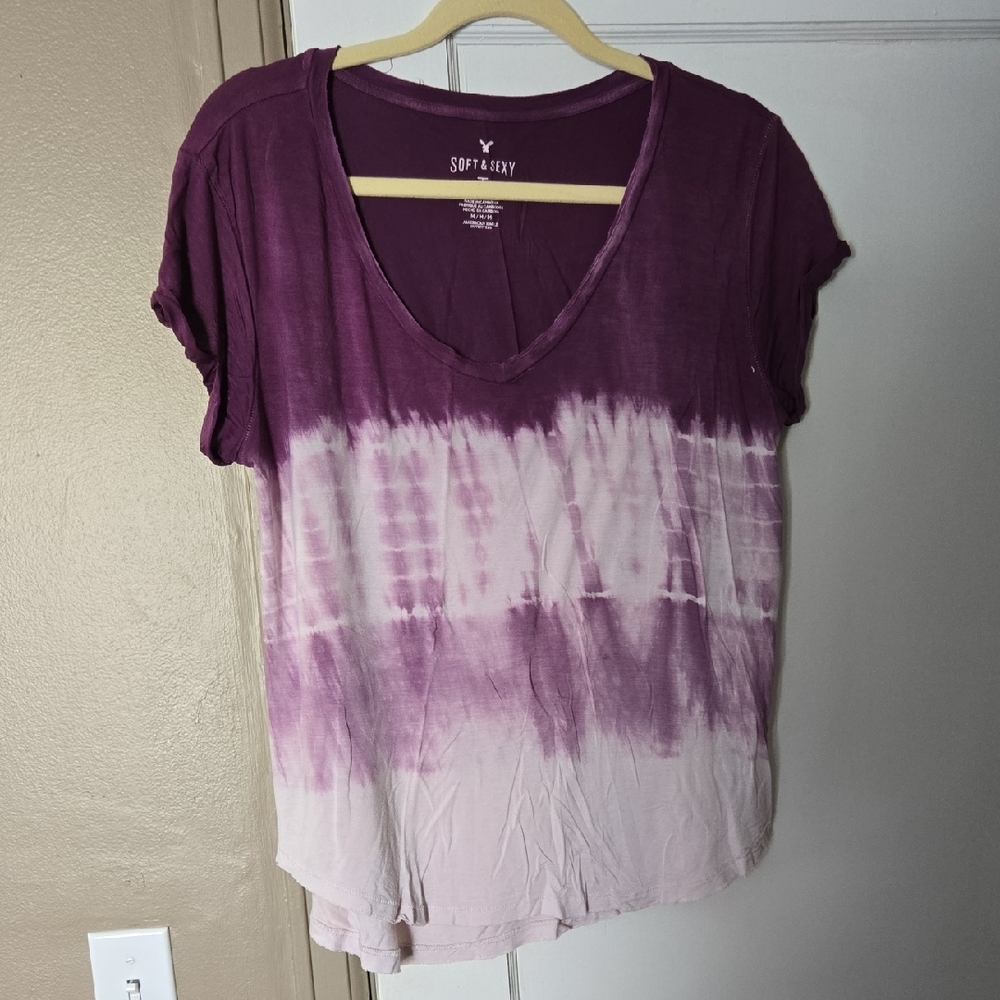 American Eagle Outfitters Purple Tie-Dye Ombre Short Sleeve Top
